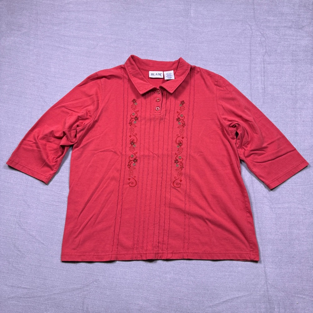 Blair Womens Top Large Embroidered 3/4 Sleeve Polo Shirt‎ Red Casual